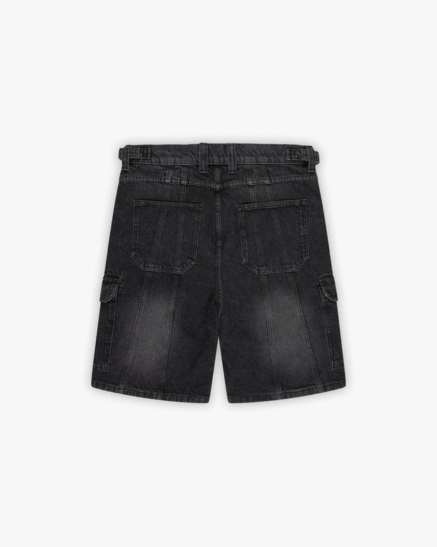WASHED BLACK DENIM CARGO JORTS