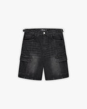 WASHED BLACK DENIM CARGO JORTS
