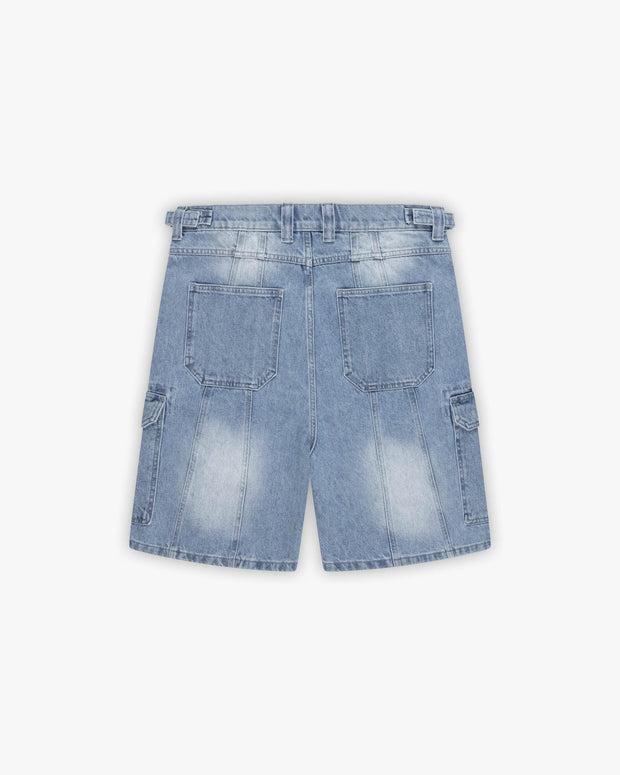 BLUE WASHED DENIM CARGO JORTS