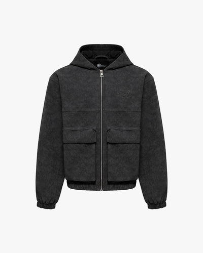 SCRIPT LOGO LEATHER JACKET TAR BLACK