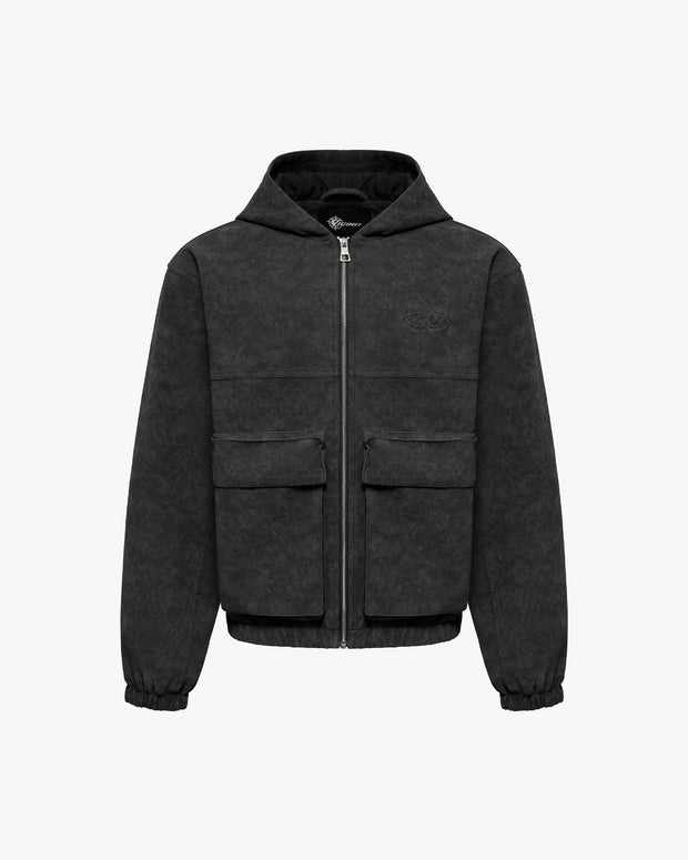 SCRIPT LOGO LEATHER JACKET TAR BLACK