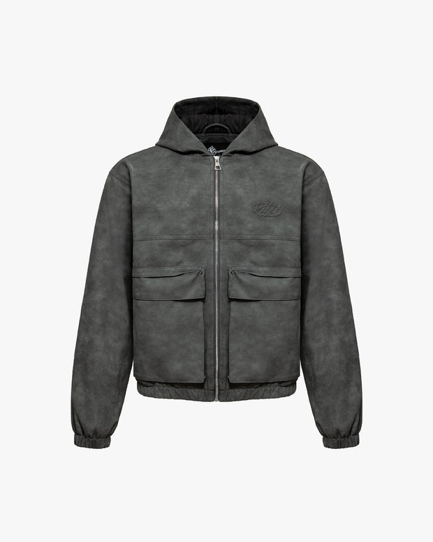 SCRIPT LOGO LEATHER JACKET GREY