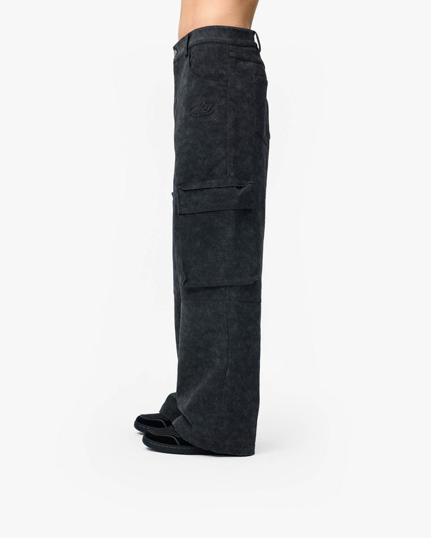 SCRIPT LOGO LEATHER PANTS TAR BLACK